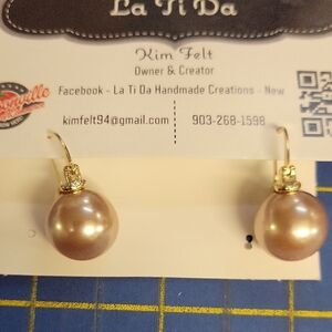 Gold Tone Champagne Color Pearl Faux Earrings